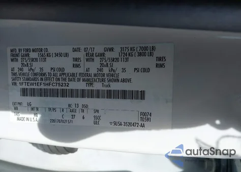 2017 Ford F-150 Lariat из США, поврежденный, VIN 1FTEW1EF1HFC75232